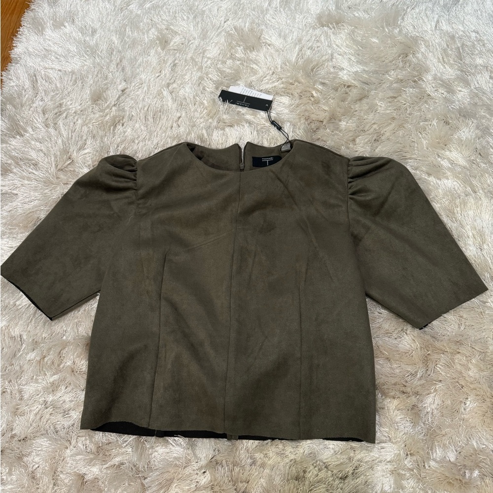 NWT T Tahari Puff Sleeve Faux Suede Crop Top